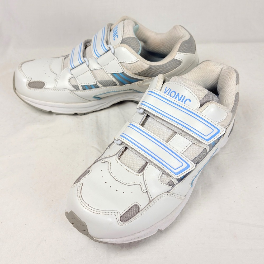 Vionic Tabi Leather Walking Shoes Womens 9 Wide White Blue Hook Loop Straps